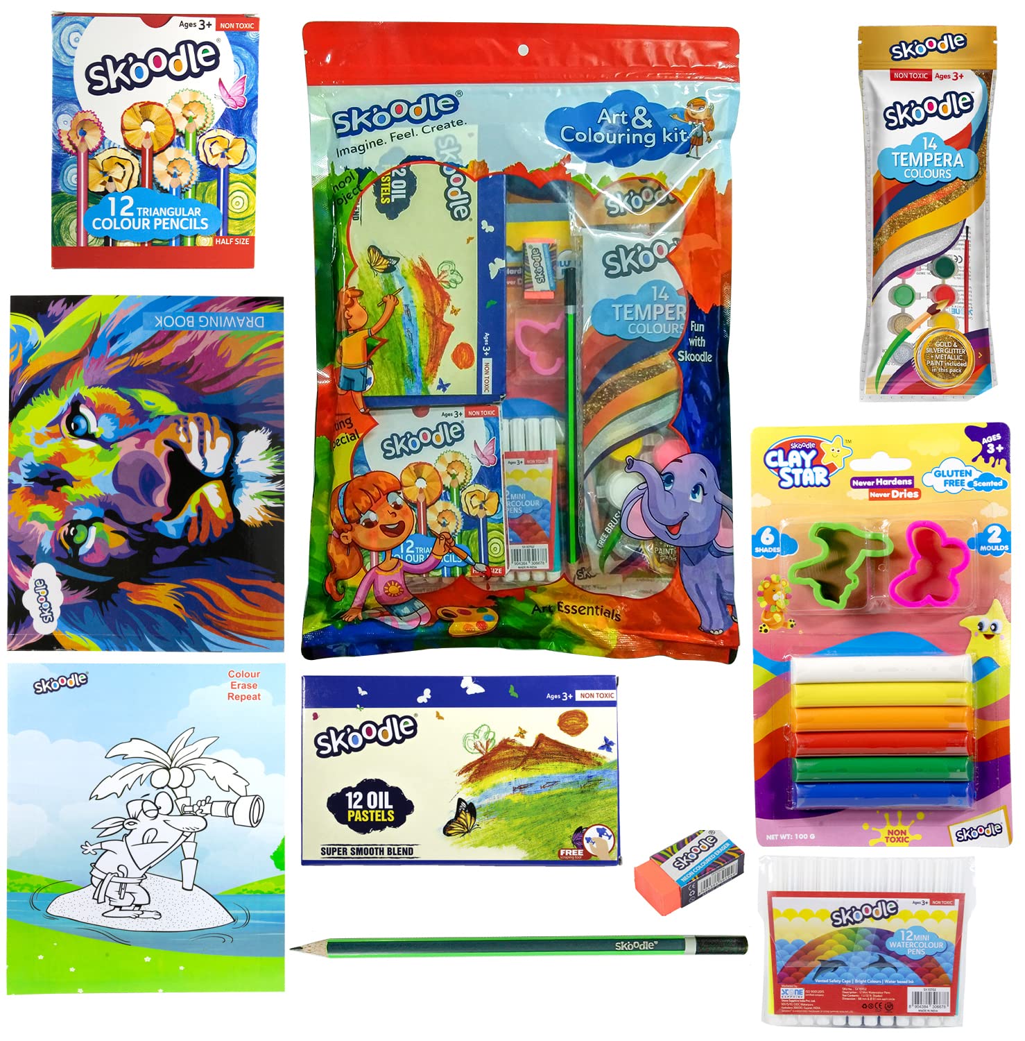 Skoodle Art Activity Kit for Kids, 21 Assorted Art Craft Items for Kids, Set of Pencils, Colors,Drawing Books, Best for Gifting, for 3+ Years