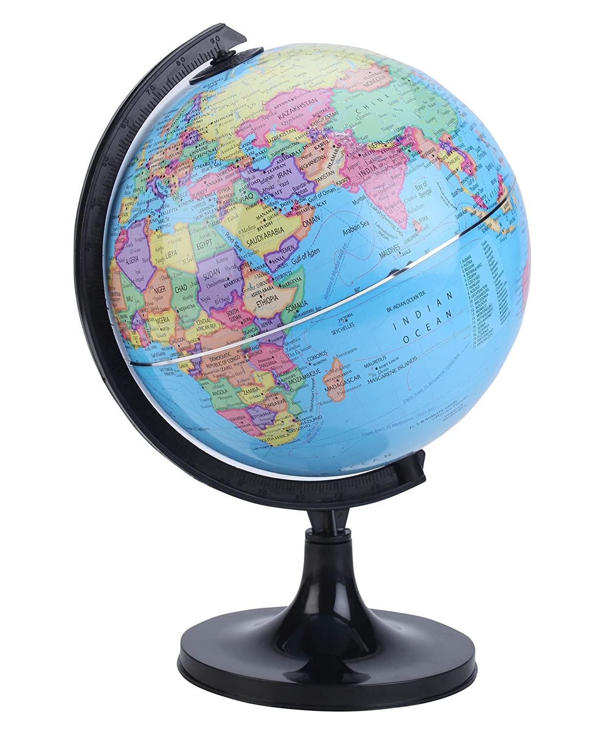 A medium blue, political world globe with a black stand, featuring a detailed map of the world.