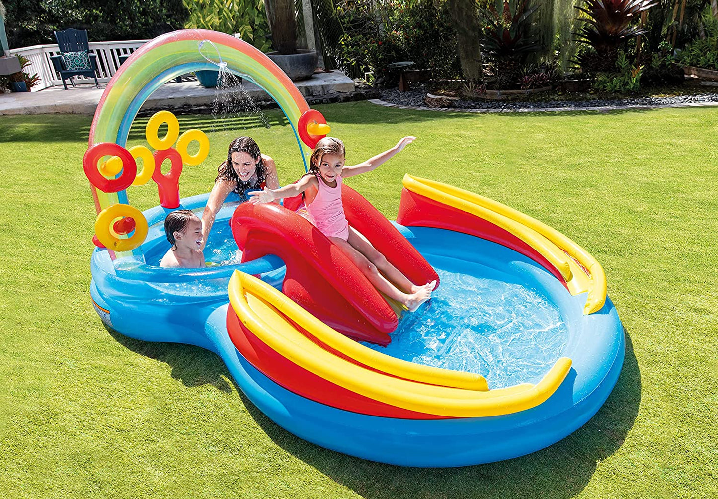 ntex Multicolored Inflatable Rainbow Ring Water Play Centre with Slide for Kids aged 2+ | 200ltr Water Capacity