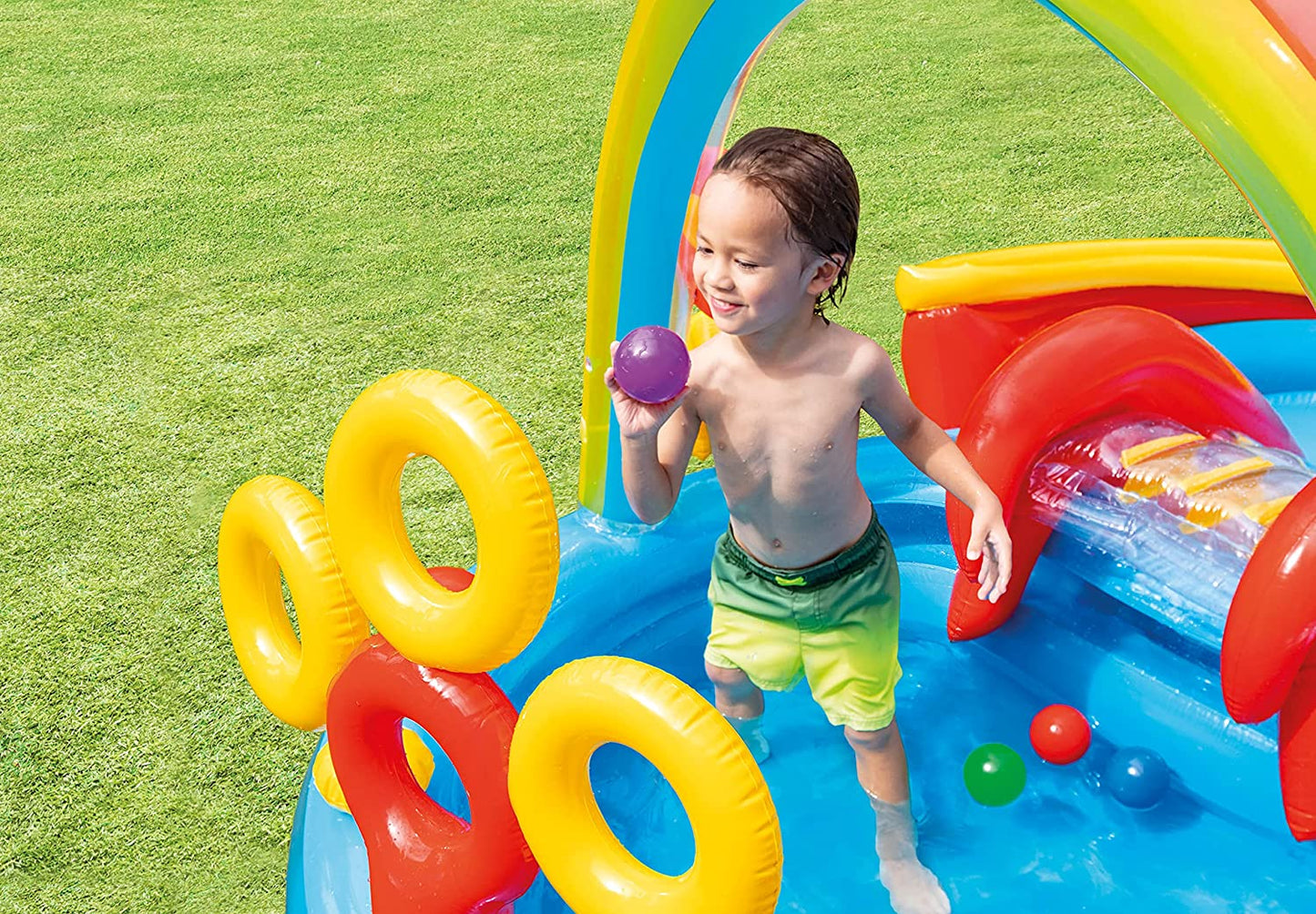 ntex Multicolored Inflatable Rainbow Ring Water Play Centre with Slide for Kids aged 2+ | 200ltr Water Capacity