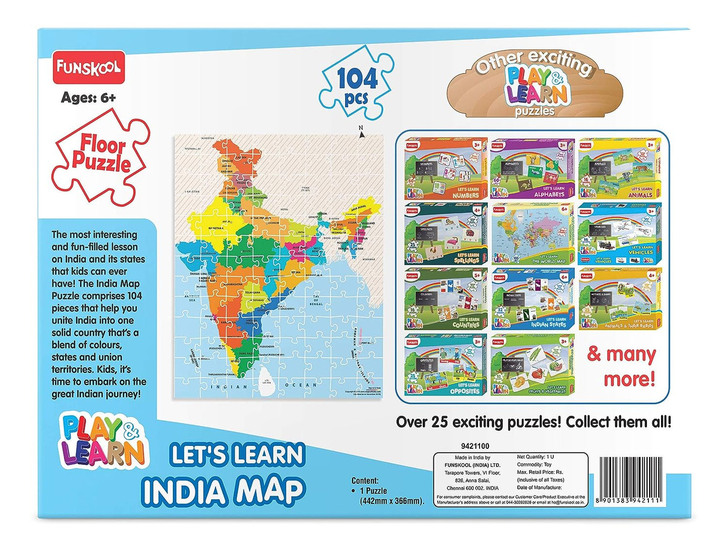 Funskool Play - MapMaster, Read & Learn India Toy Map, 104 Pieces Puzzle, Educational for 6-Year-Old Kids & Above, Multi Color