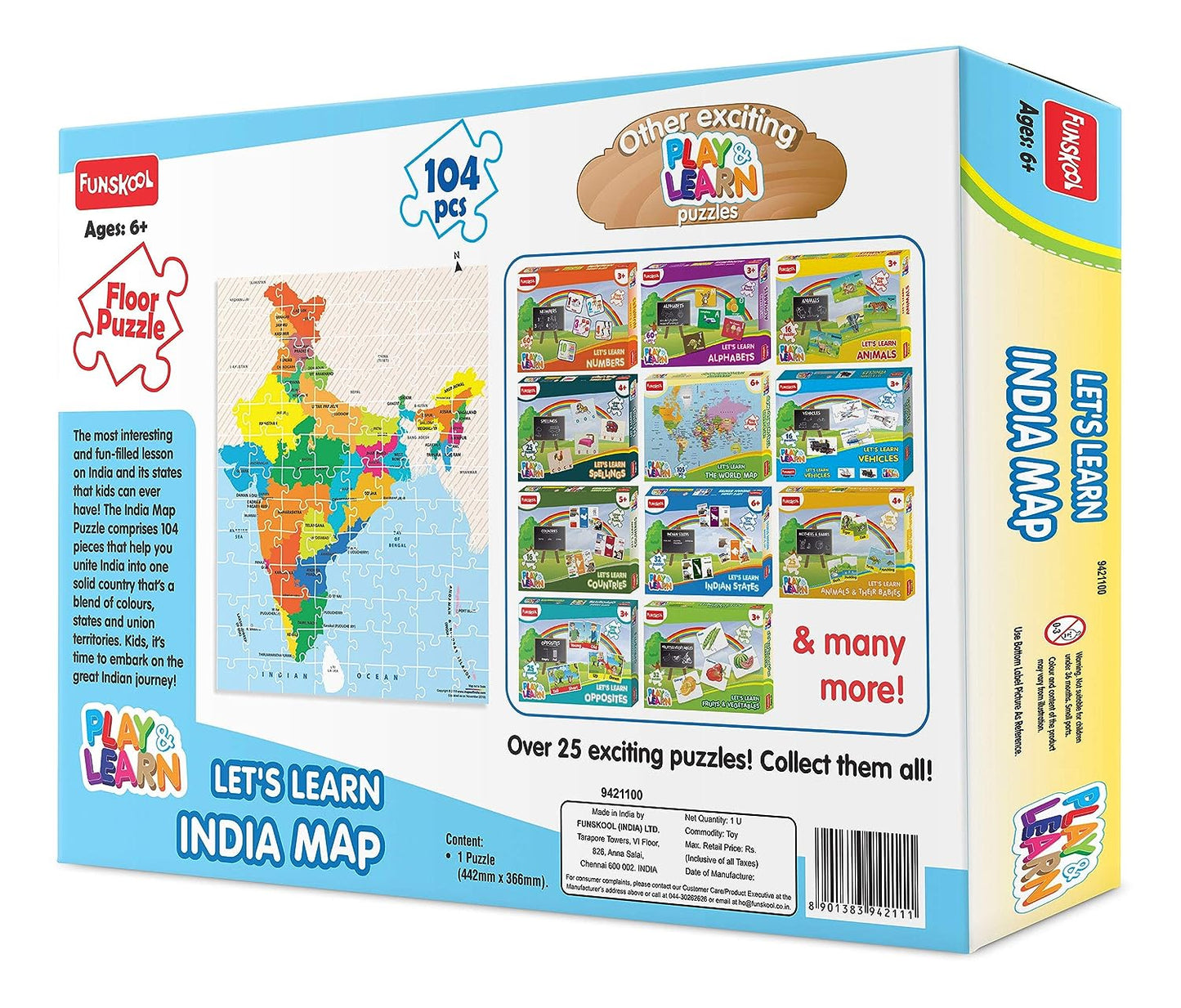 Funskool Play - MapMaster, Read & Learn India Toy Map, 104 Pieces Puzzle, Educational for 6-Year-Old Kids & Above, Multi Color