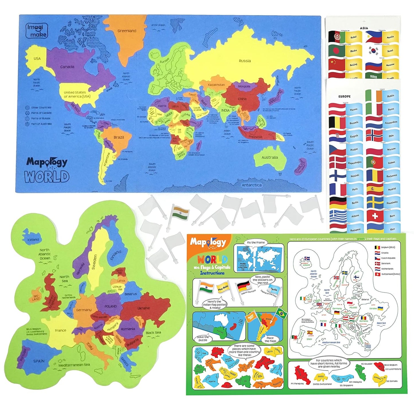 Imagimake Mapology World Map With Flags & Capitals Jigsaw Puzzle |75 Multi-Colored Country-Shaped Pieces | Birthday Gift for Boys and Girls| Educational Toys for Kids 5 Years | World Map Puzzle