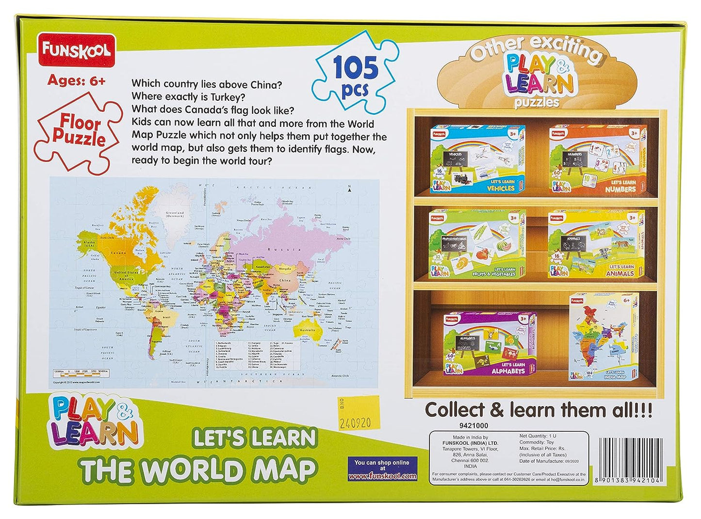 Funskool - Play & Learn-World Map Puzzle, Educational, 105 Pieces, For 6+ Years, Multi-Color