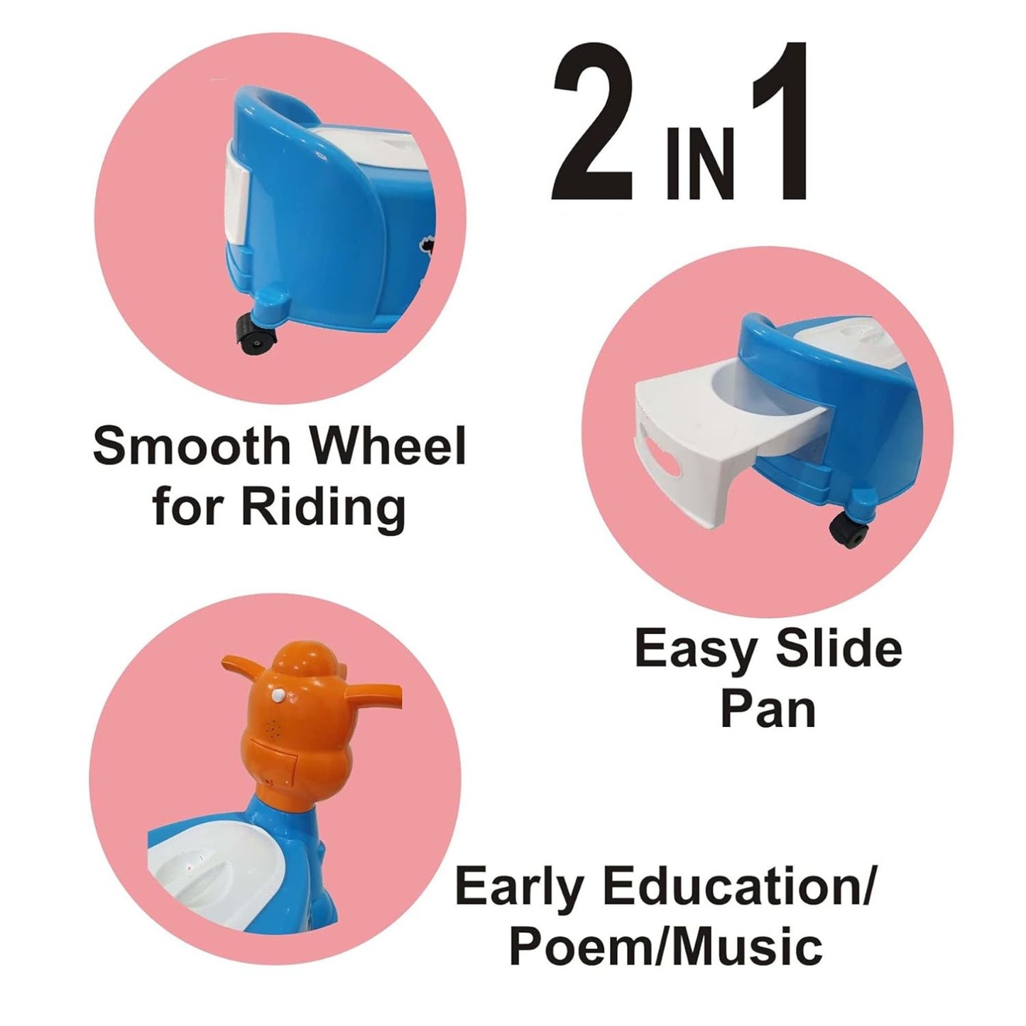 BABY CUTE Bopty Cow Potty Chair for kids | With Wheels | Removable Tray | Musical | Easy Slide Pan - BLUE