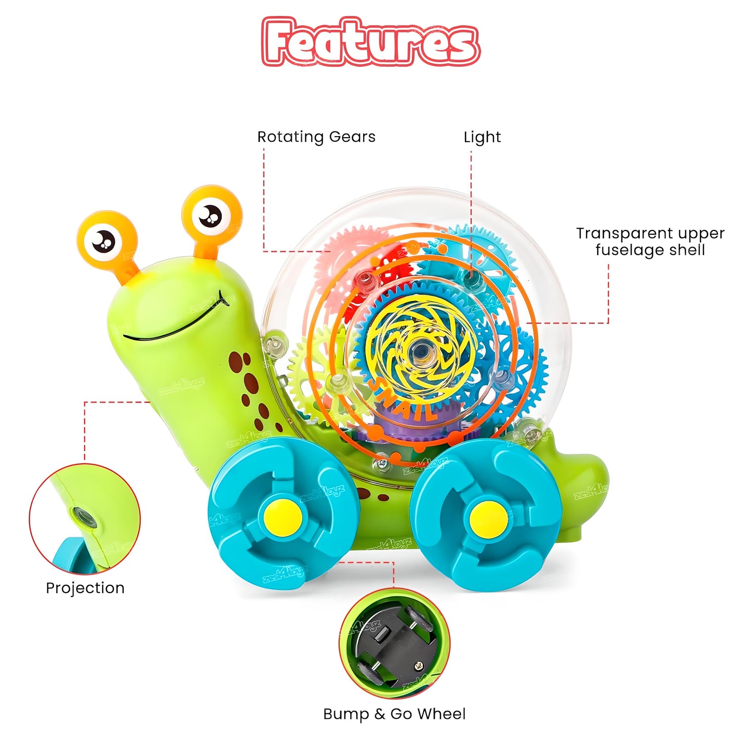 MM TOYS Transparent Snail Projector Toy with Musical Gear Sound and Light Entertainment for Boys and Girls