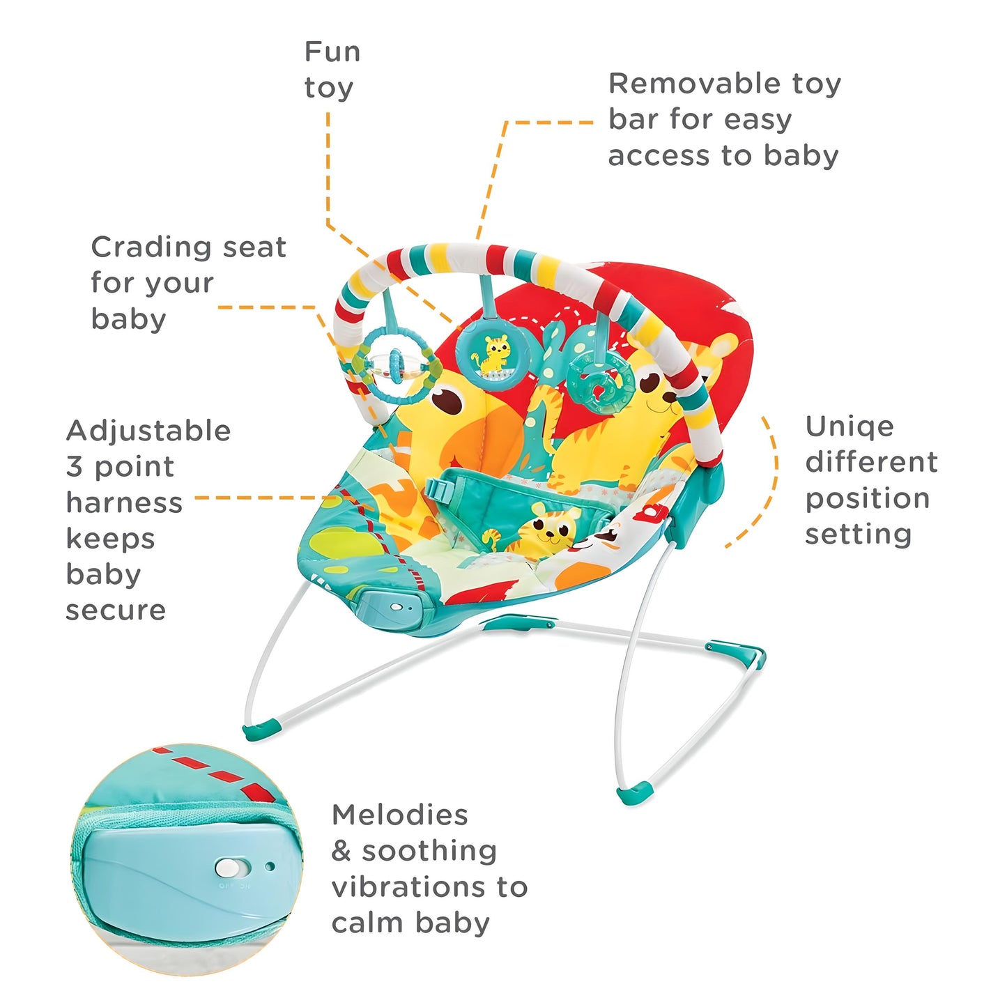 Mastela Toddlers Musical Rocker Bouncer Chair, Multicolour - Soothing Vibration, Playthings, Secure Harness for Babies 3M+ (Model 6730)