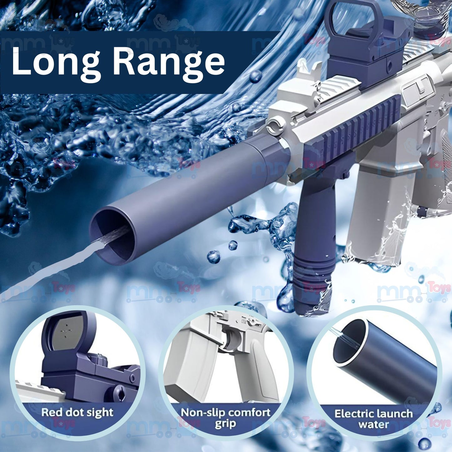 MM Toys Electric Water Gun, M416 Powerful Long Range Shooting Water Blaster, Automatic Water Gun for Kids & Adults, Summer Pool & Beach Toy - Multicolor