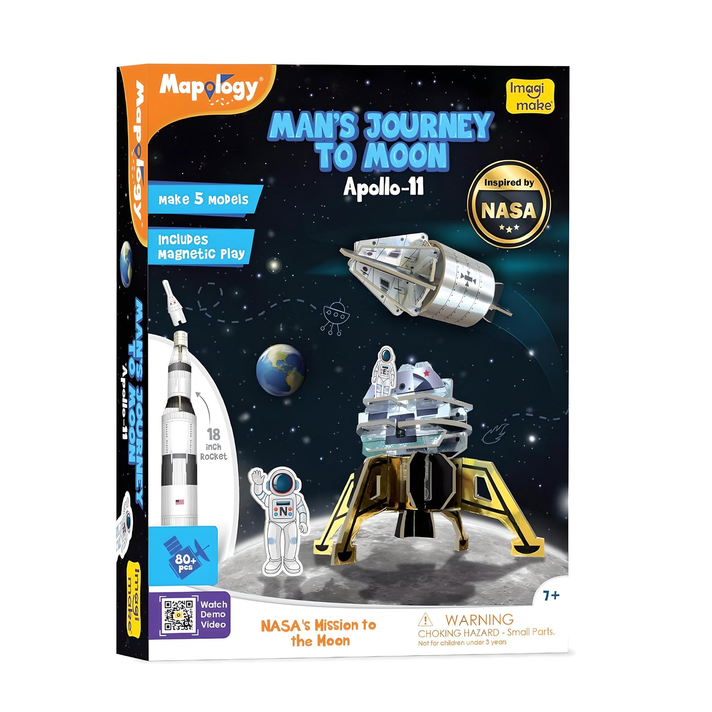 Imagimake Man's Journey to Moon - Mission Apollo 11, Magnetic Play, 80+ Pieces, NASA-Inspired, 3D Puzzle Toy for Kids - Multicolor 7+ years For Unisex