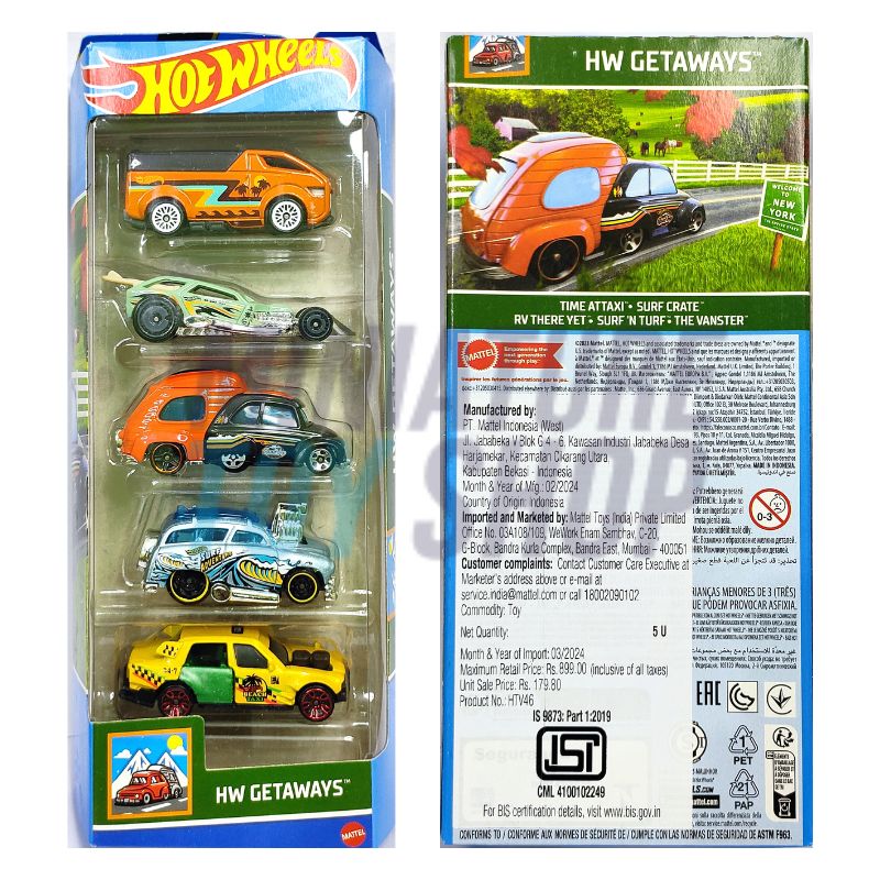 Hot Wheels Car 2024 HW Getaways Pack of 5 (Time Attaxi, Surf Crate, RV There Yet, Surf N Turf, The Vanster) Multi - Color