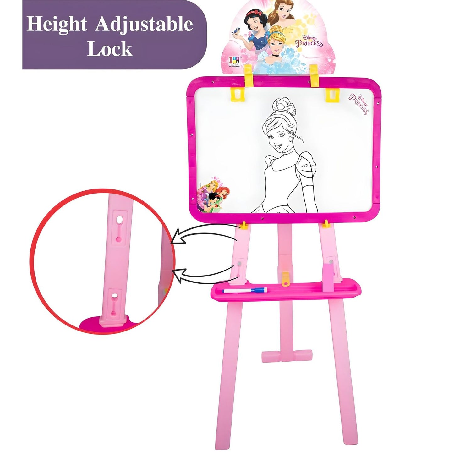 Itoys Disney Princess 5-in-1 Easel Writing Board for Kids: Activity Sheets, Chalk & White Board, Paper Clip, Adjustable Height - Pink
