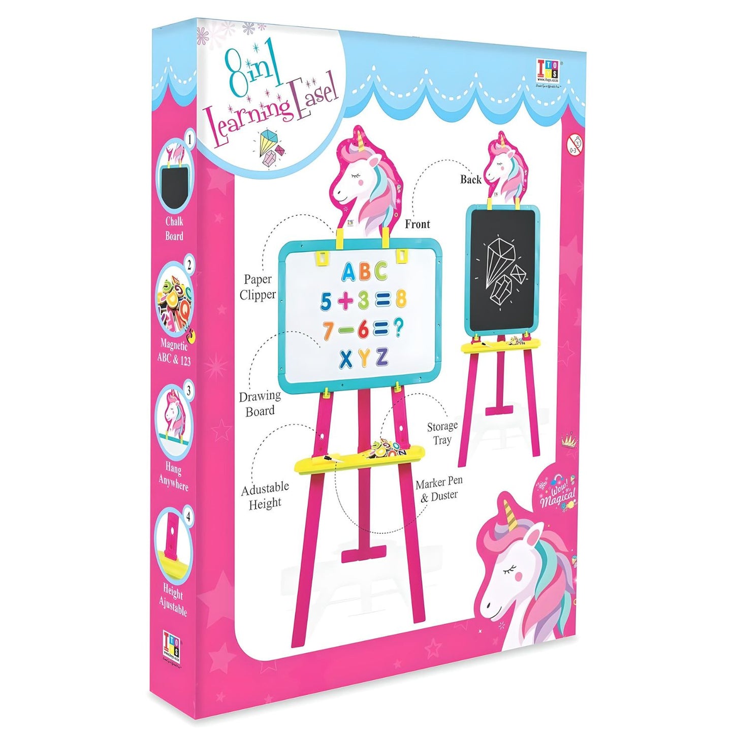 ITOYS 8 in 1 Unicorn Easel Writing Board Magnetic White & Black Board for Kids Learning - Sparkling Creativity - Pink