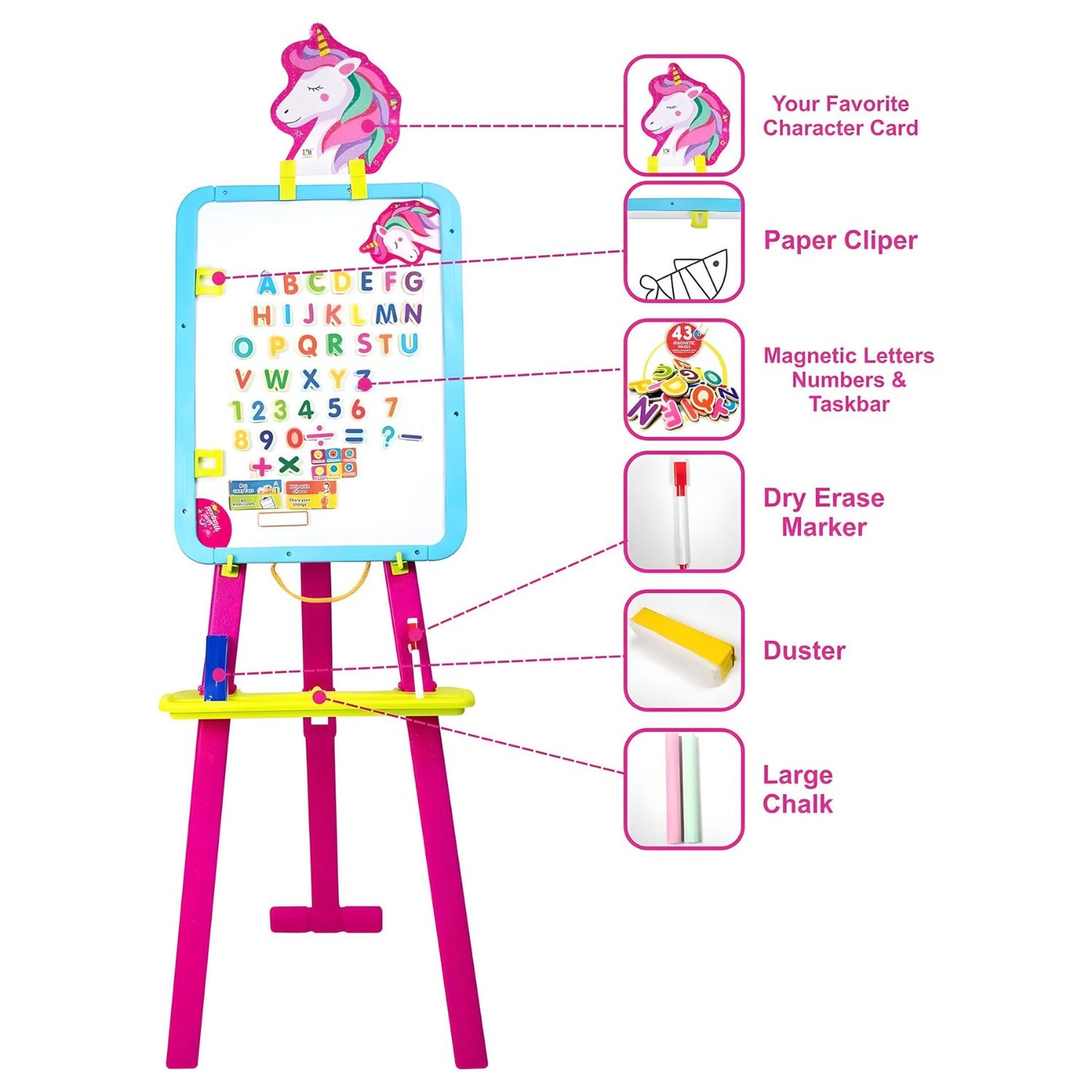 ITOYS 8 in 1 Unicorn Easel Writing Board Magnetic White & Black Board for Kids Learning - Sparkling Creativity - Pink