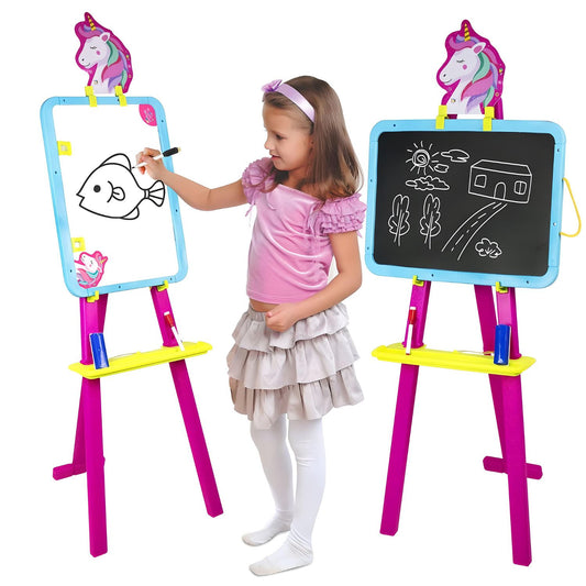 ITOYS 8 in 1 Unicorn Easel Writing Board Magnetic White & Black Board for Kids Learning - Sparkling Creativity - Pink