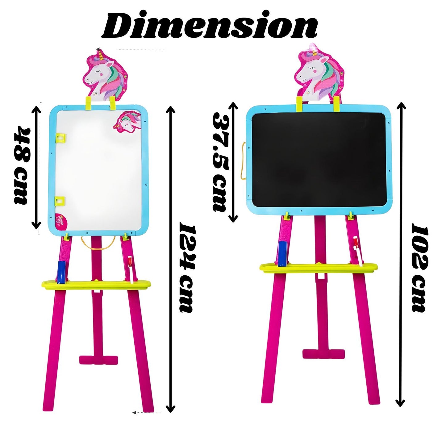 ITOYS 8 in 1 Unicorn Easel Writing Board Magnetic White & Black Board for Kids Learning - Sparkling Creativity - Pink