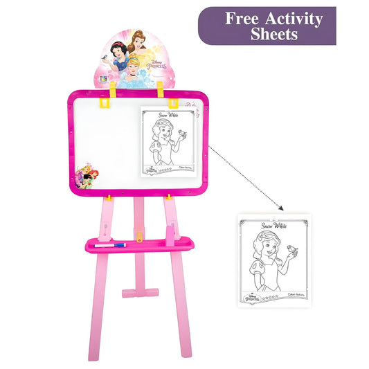 Itoys Disney Princess 5-in-1 Easel Writing Board for Kids: Activity Sheets, Chalk & White Board, Paper Clip, Adjustable Height - Pink