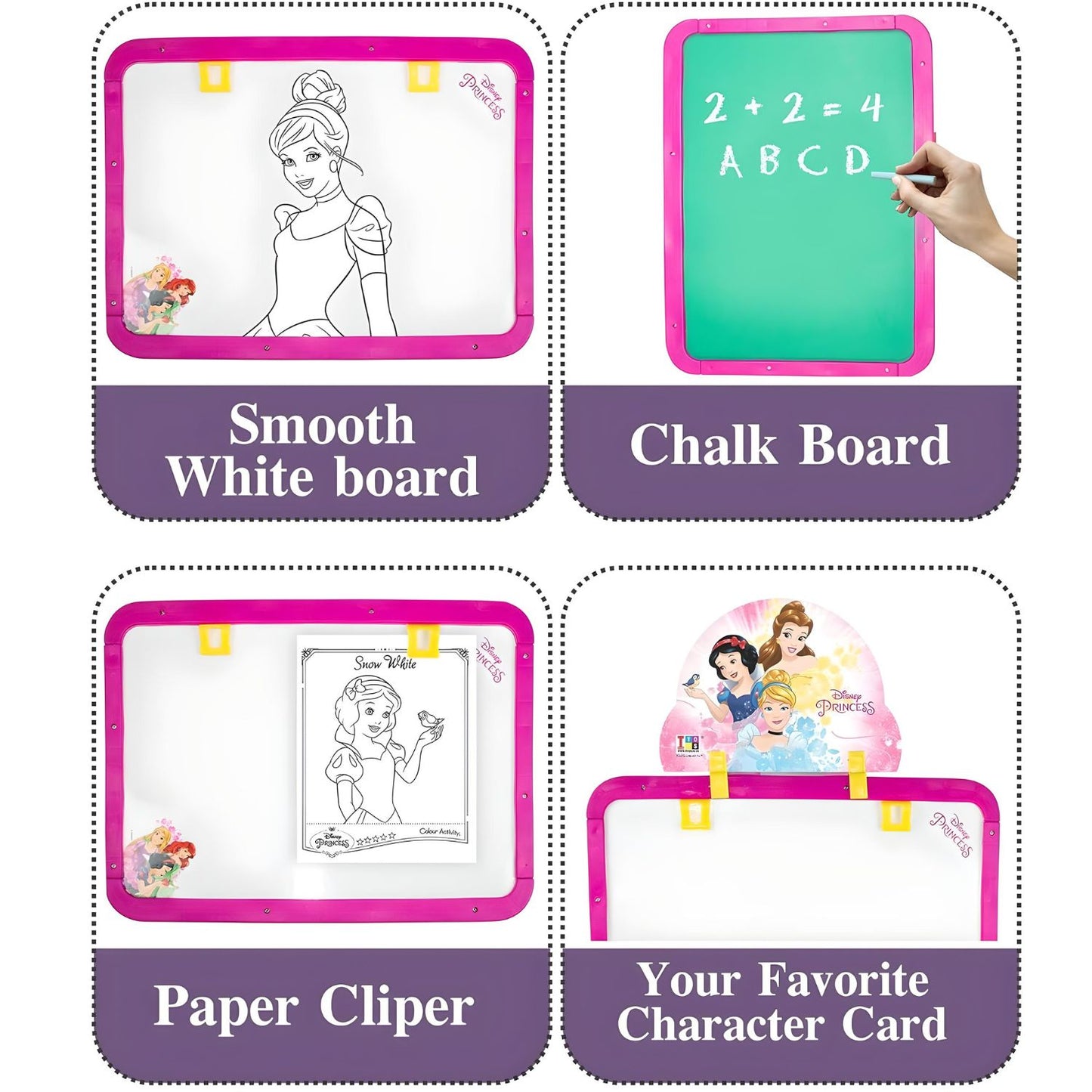 Itoys Disney Princess 5-in-1 Easel Writing Board for Kids: Activity Sheets, Chalk & White Board, Paper Clip, Adjustable Height - Pink