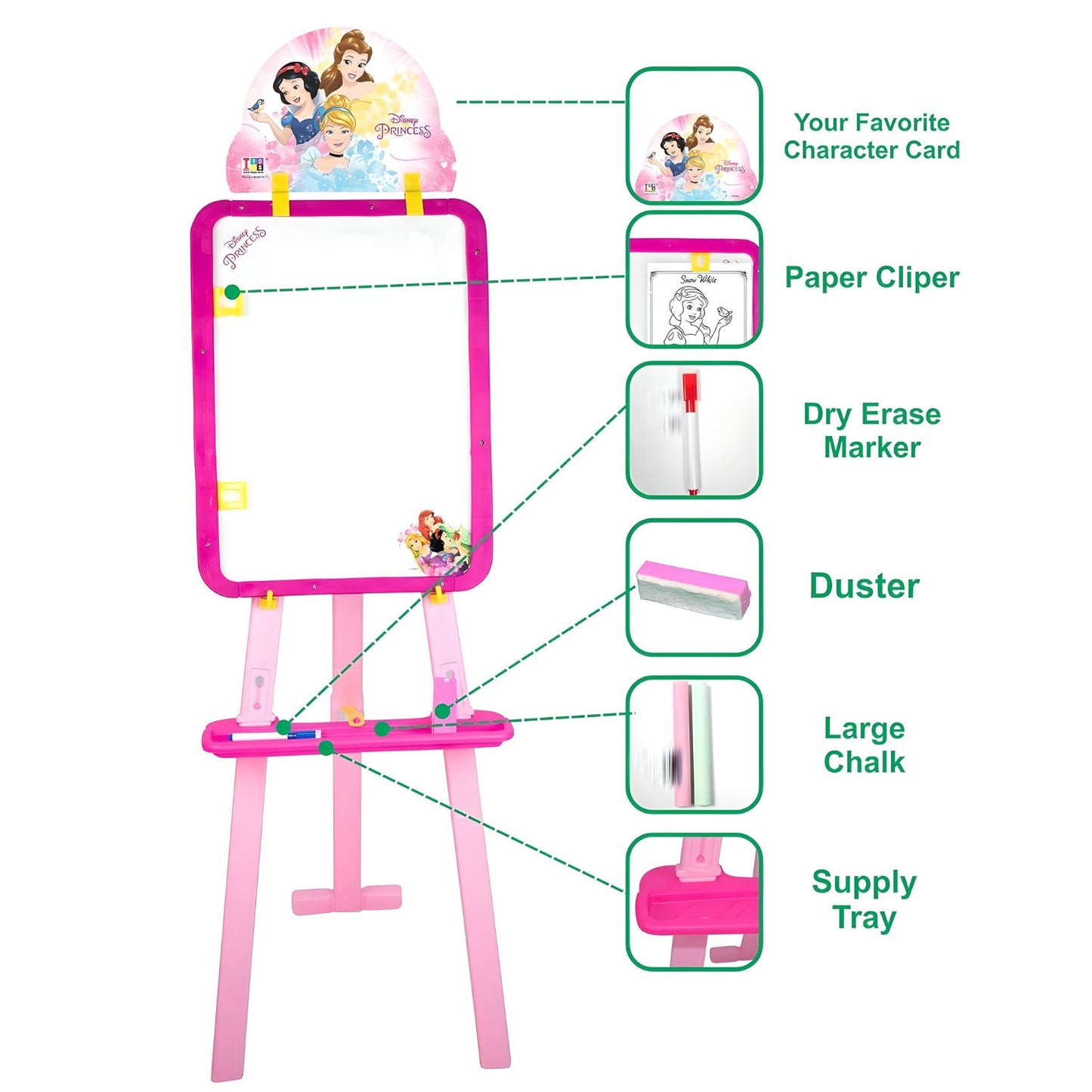 Itoys Disney Princess 5-in-1 Easel Writing Board for Kids: Activity Sheets, Chalk & White Board, Paper Clip, Adjustable Height - Pink
