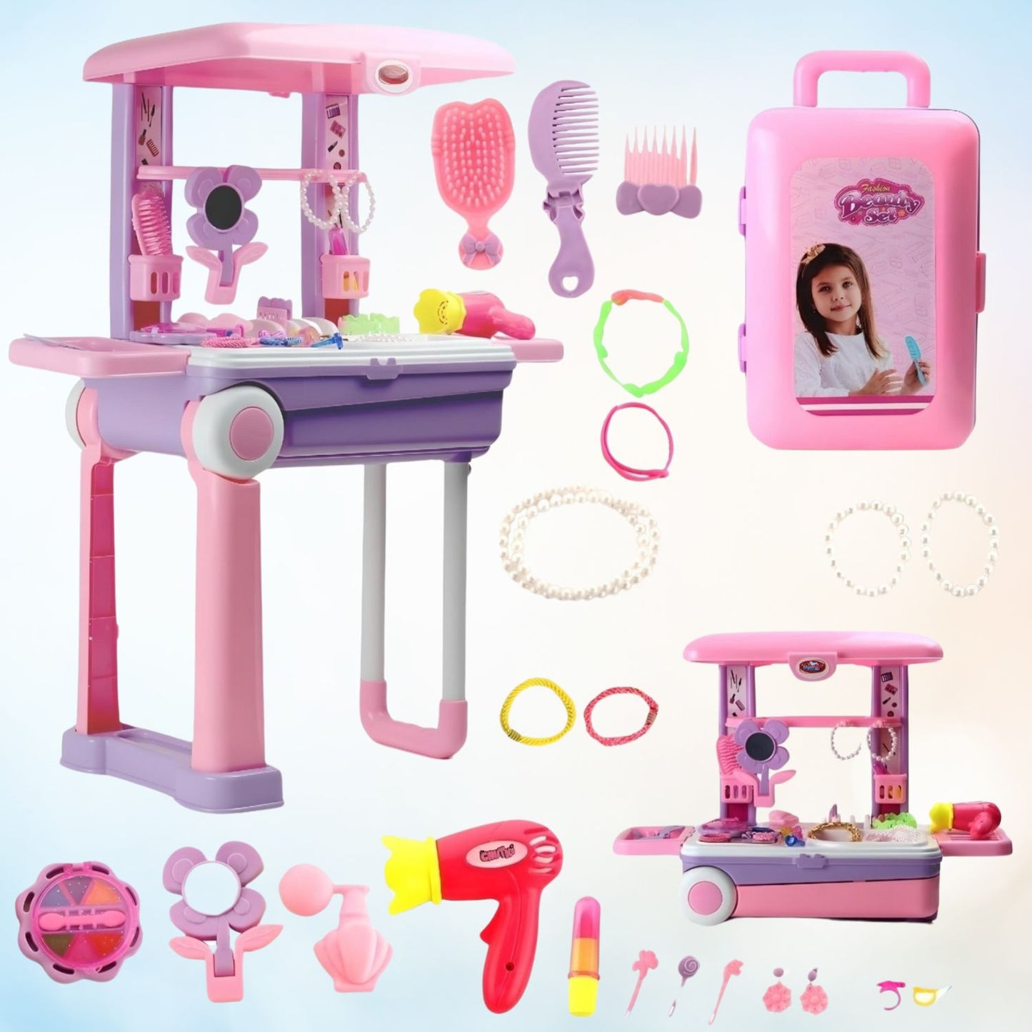 MM TOYS Premium Makeup Play Set Trolley Bag with 24 Accessories for 3 to 10 Year-Old Girls | Vanity Play Set - Baby Pink