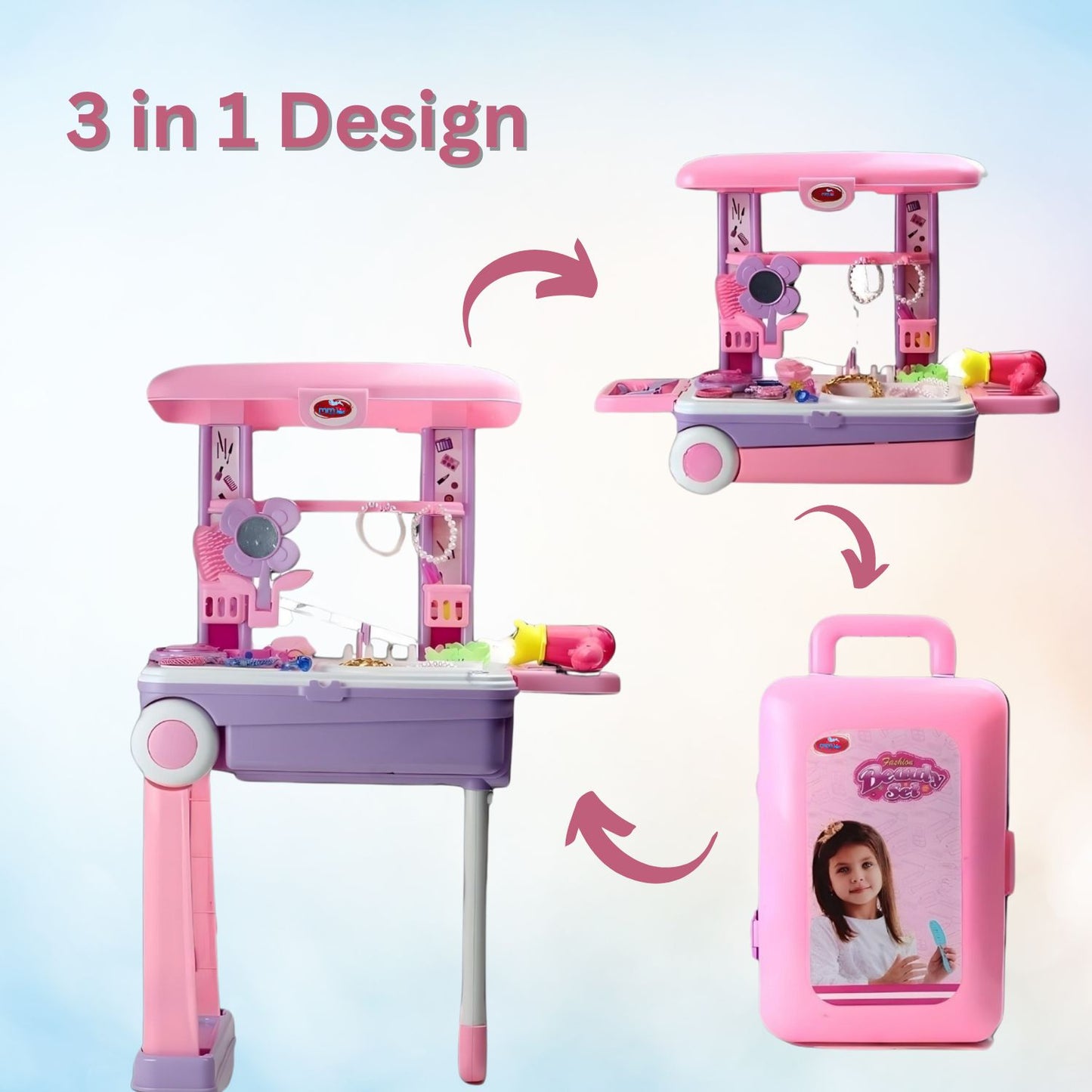 MM TOYS Premium Makeup Play Set Trolley Bag with 24 Accessories for 3 to 10 Year-Old Girls | Vanity Play Set - Baby Pink