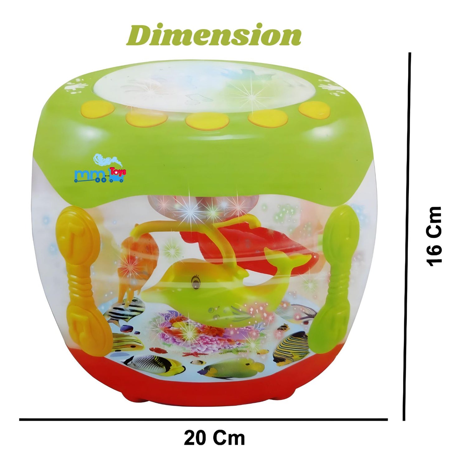 MM TOYS 360° Rotating Fishing Drum Toy Rechargeable Battries Inc - Multicolor Lights & Music, Interactive Aquarium, Transparent Body, Perfect Gift for Kids
