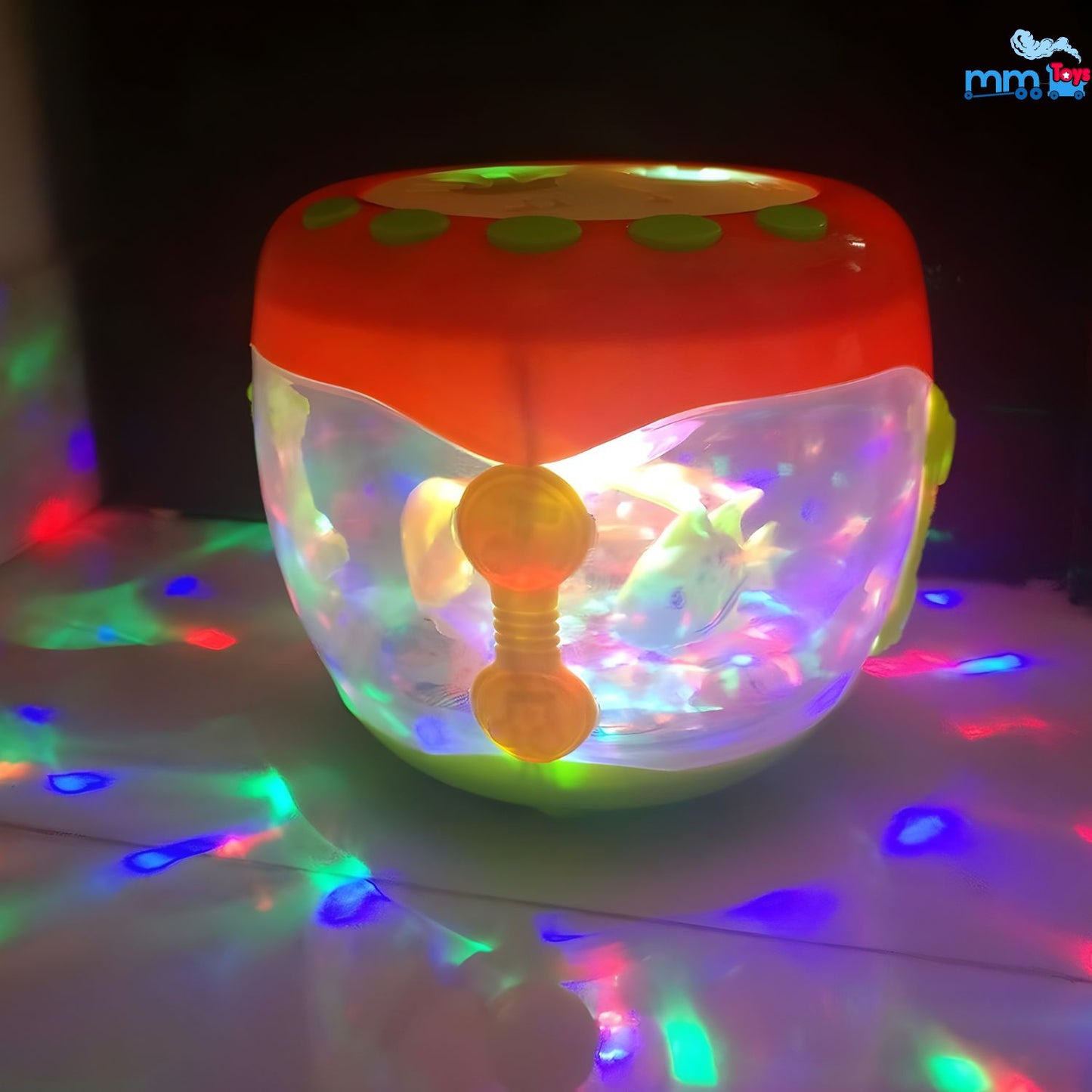 MM TOYS 360° Rotating Fishing Drum Toy Rechargeable Battries Inc - Multicolor Lights & Music, Interactive Aquarium, Transparent Body, Perfect Gift for Kids