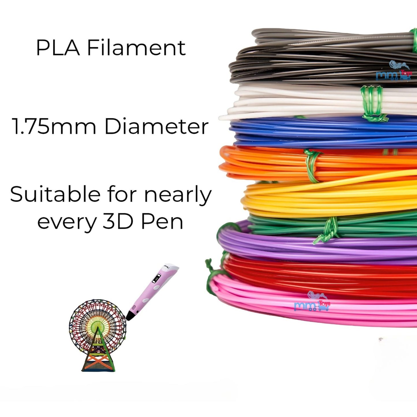 MM TOYS 3D Pen PLA Filament Refills 10 Meters x 10, 1.7Diameter for 3D Printing Pen - Unleash Your Creativity in Multicolor