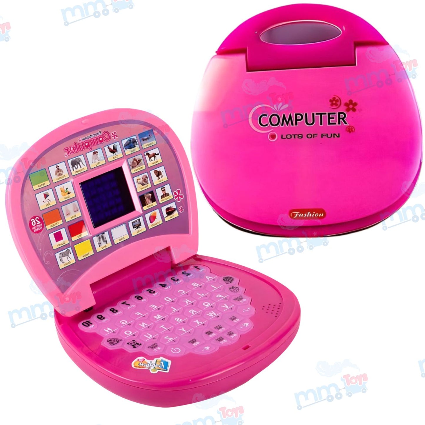 MM TOYS Educational Learning Laptop Toy with LED Display and Music Effect Teaches Numbers, Alphabets, and Songs Pink Color