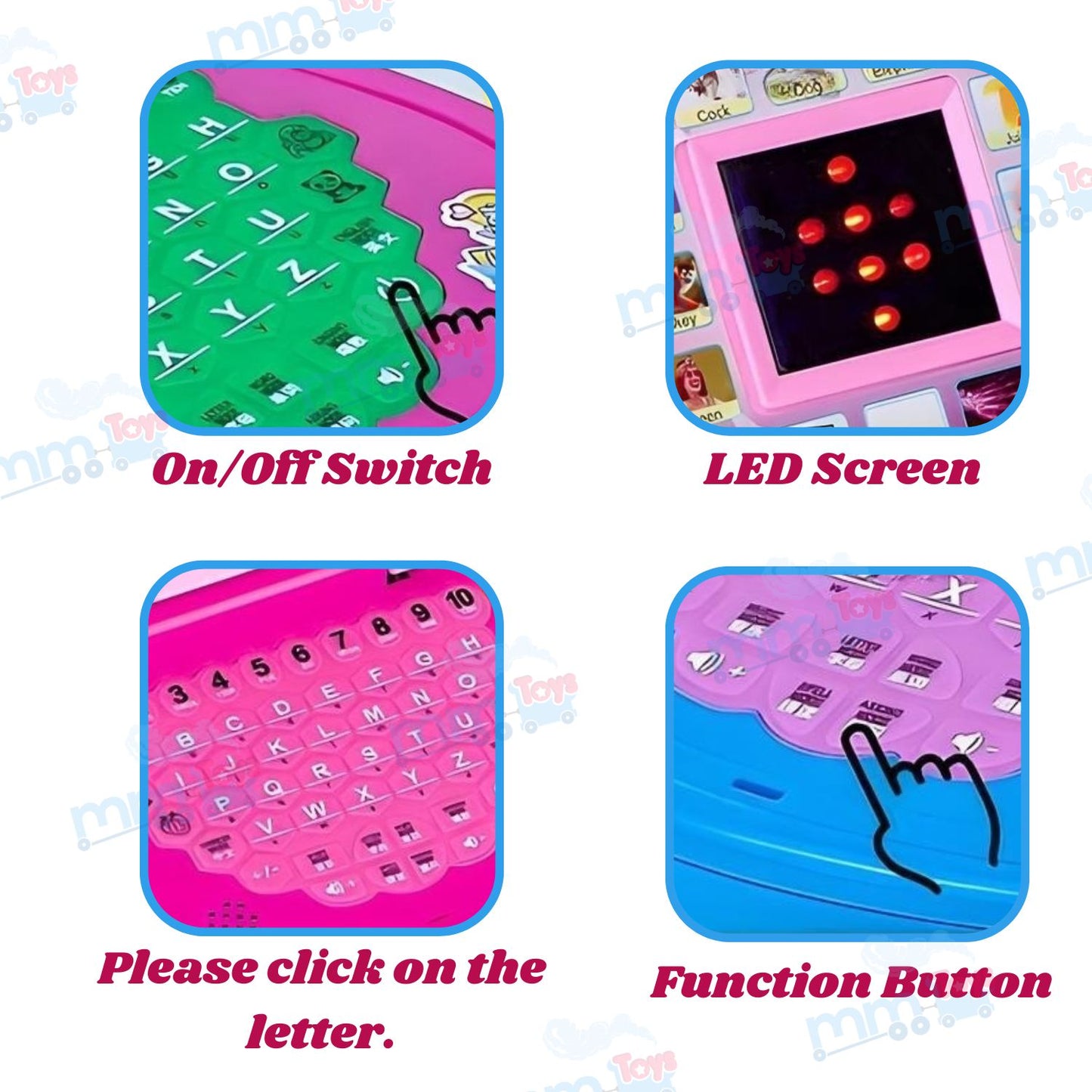 MM TOYS Educational Learning Laptop Toy with LED Display and Music Effect Teaches Numbers, Alphabets, and Songs Pink Color