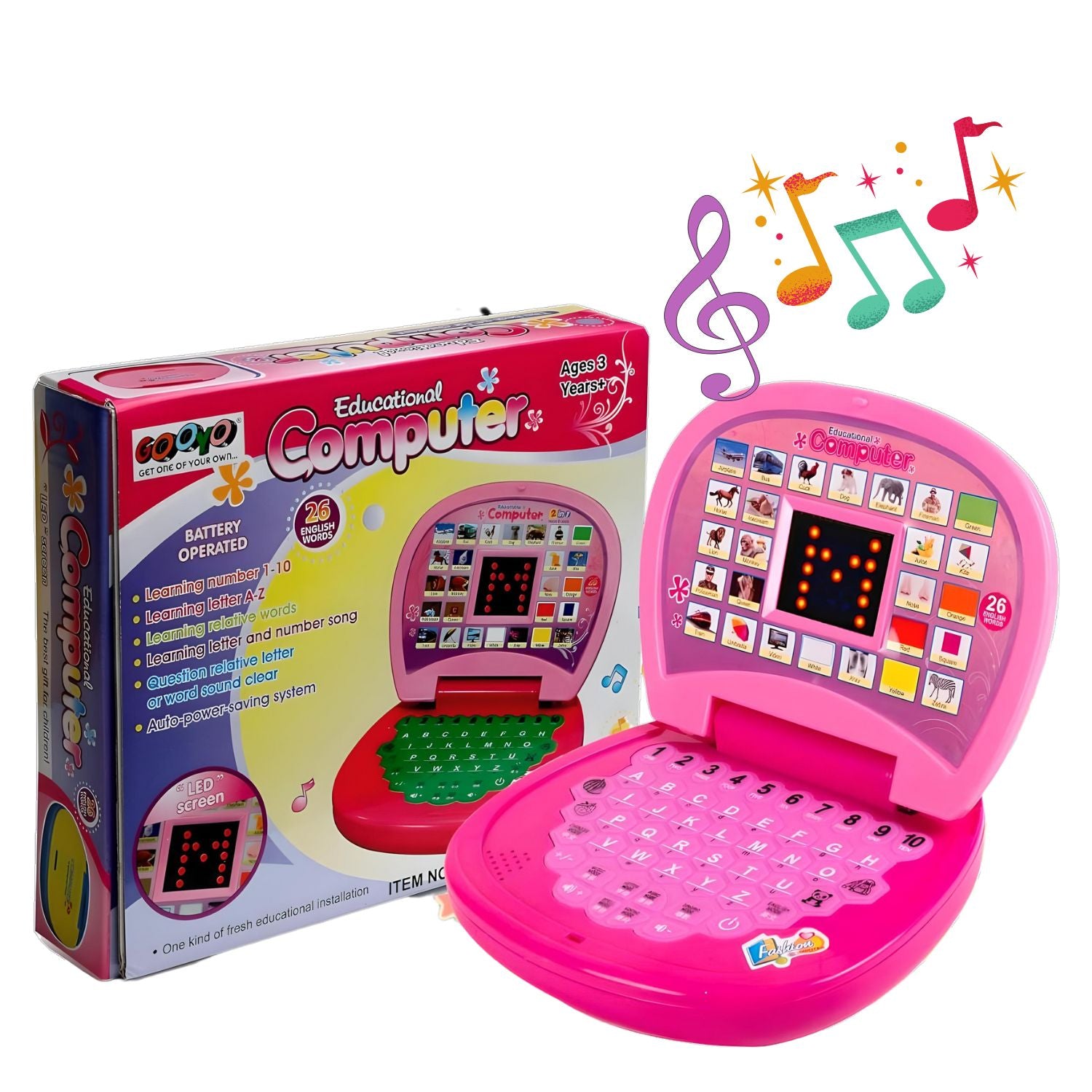 MM TOYS Educational Learning Laptop Toy with LED Display and Music Effect Teaches Numbers, Alphabets, and Songs Pink Color