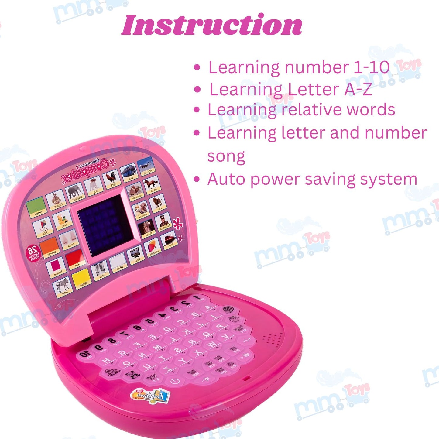 MM TOYS Educational Learning Laptop Toy with LED Display and Music Effect Teaches Numbers, Alphabets, and Songs Pink Color