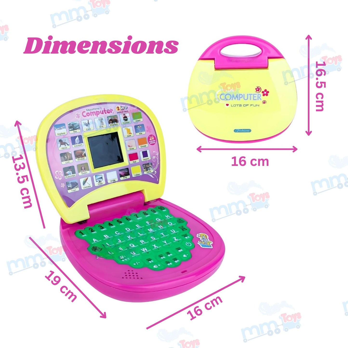 MM TOYS Educational Learning Laptop Toy with LED Display and Music Effect Teaches Numbers, Alphabets, and Songs Pink Color