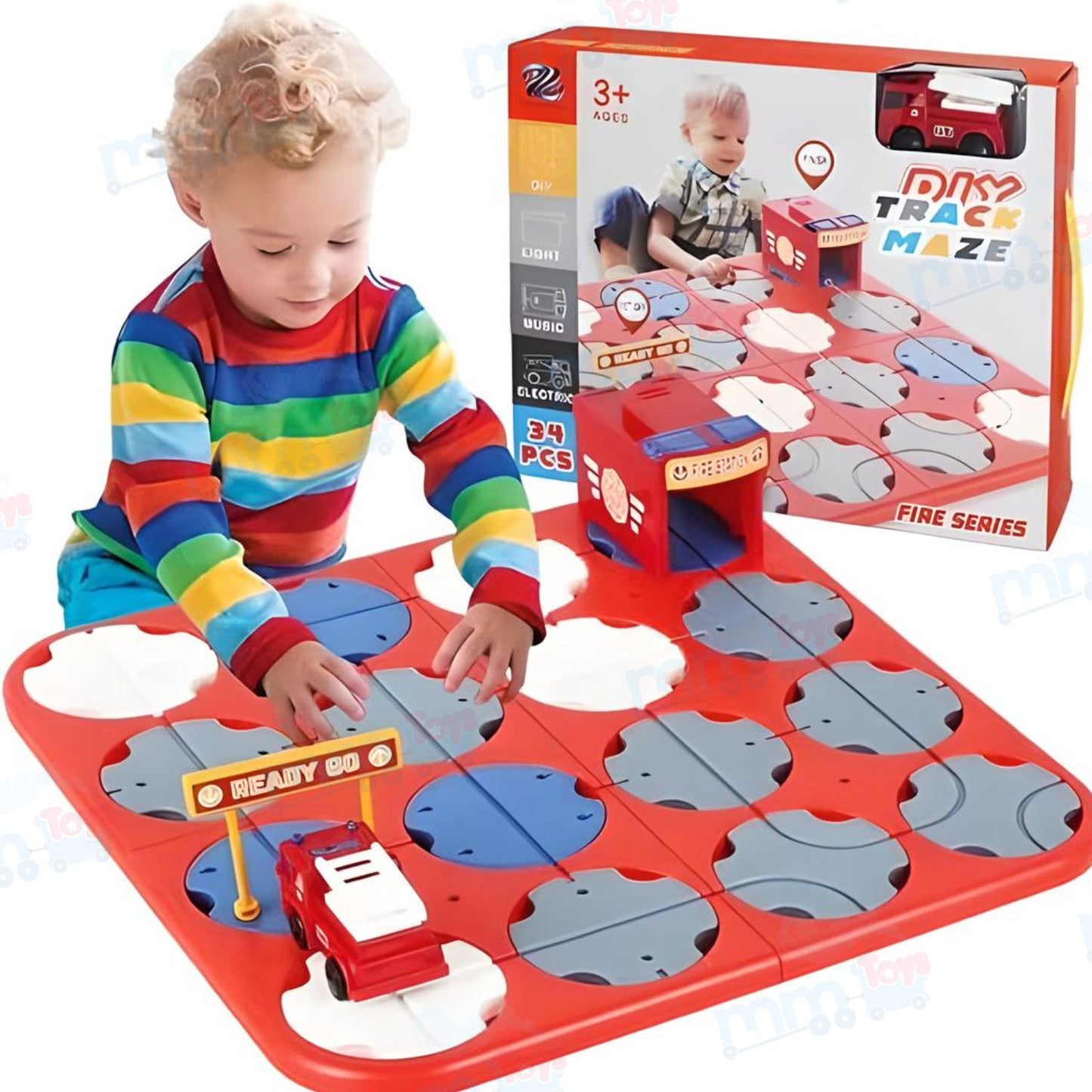 MM TOYS 34-Pcs Fire Series DIY Track Maze Race Car Track Set STEM Learning & Educational Puzzle Blocks for Kids Fire Truck