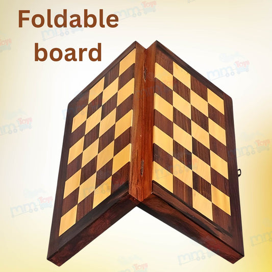 MM TOYS Classic Wooden Handmade Foldable Chess Set – 16x16 Inch Durable Wood Board for Adults & Kids, Elegant & Portable Design – Perfect Gift