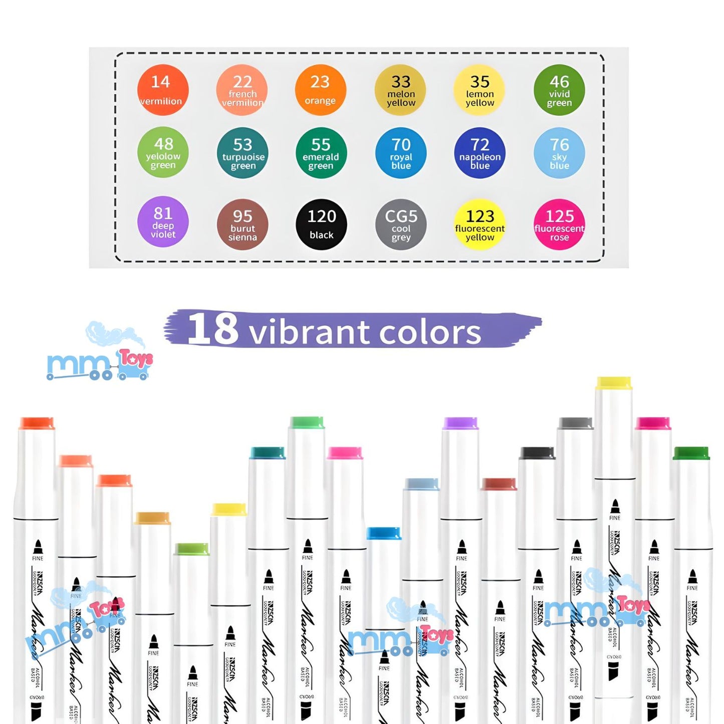 MM TOYS Color Blend Pack of 18 Colors Alcohol Brush Paint Markers Dual Tip Permanent Art Marker Set