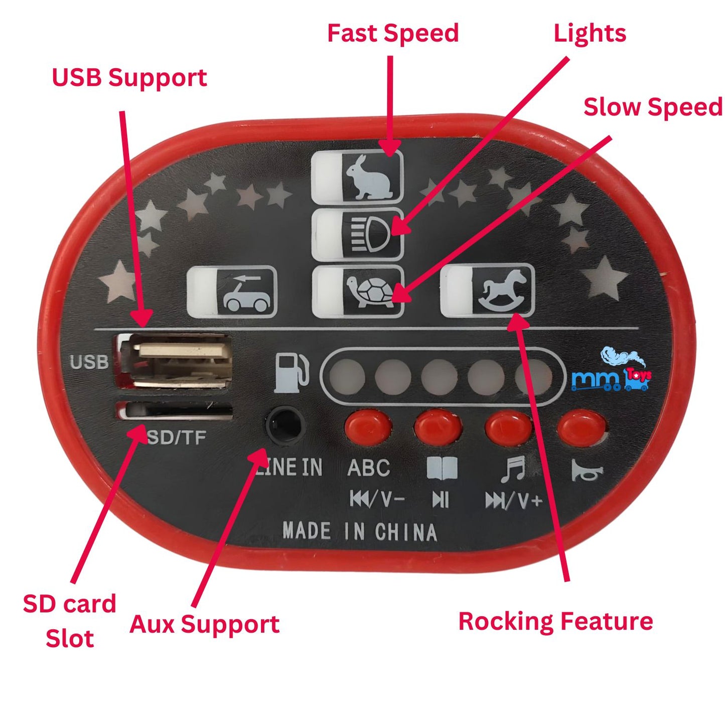 MM TOYS HH2288-CCR 12V Multifunction Music Player Board With TF And SD Card Support Control Panel WithUSB Support, Battery Indicator For Kids Electric Car Jeep Bike Ride on Replacement Part Accessory- Red/Black