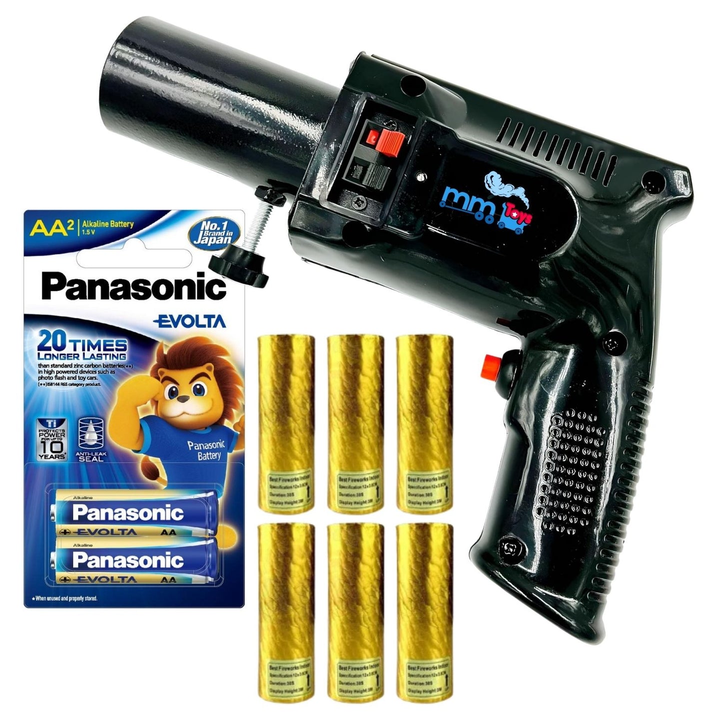 MM TOYS Handheld Sparkle Smoke Gun - Black + 10x Power AA Alkeline Batteries + 6 Pyro Sparkel Refills