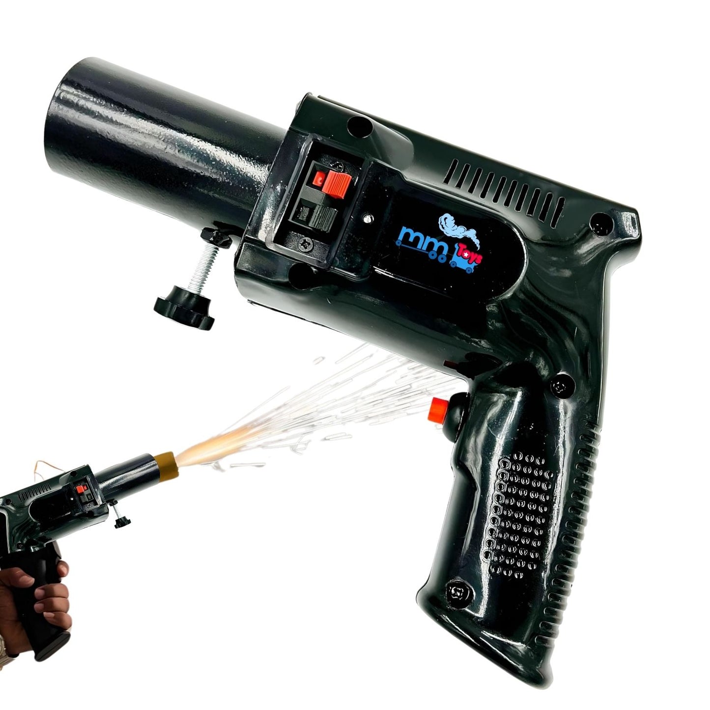 MM TOYS Handheld Sparkle Smoke Gun - Black + 10x Power AA Alkeline Batteries + 6 Pyro Sparkel Refills
