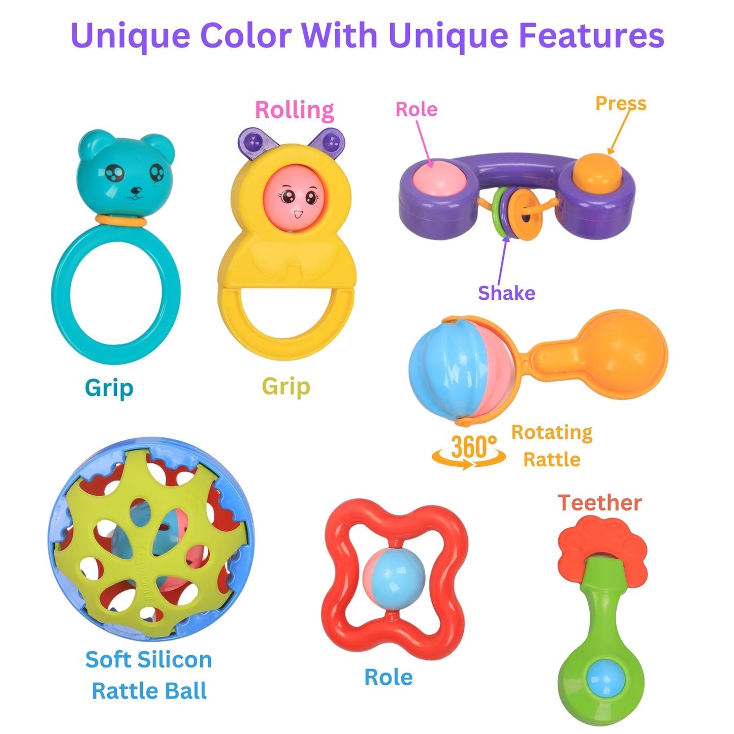 MM TOYS Infant Rattle Toys Rattles Pack includes 7 non-toxic, BPA-free Rattle toys Designed For Infants aged New Born 0-6-12 months No Sharp Edges- Multicolor