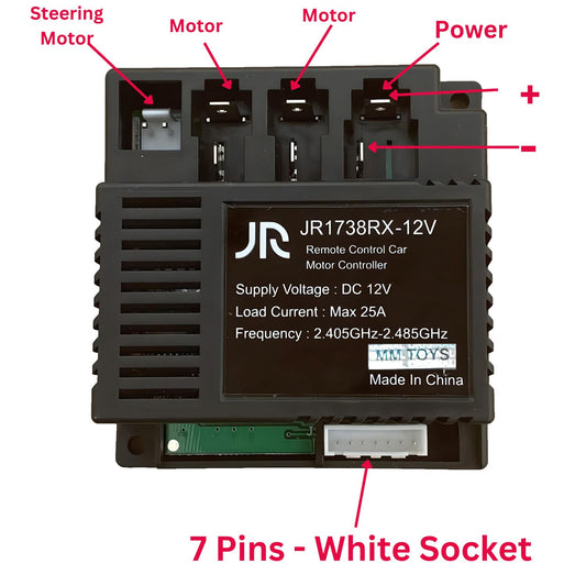 MM TOYS JR1738RX-12V Motor Controller Control Box 7 Pin White Jack, For Kids Electric Car, 2.4GHz, Max 25A Load, Black - Electronic Repair Part and Accessory