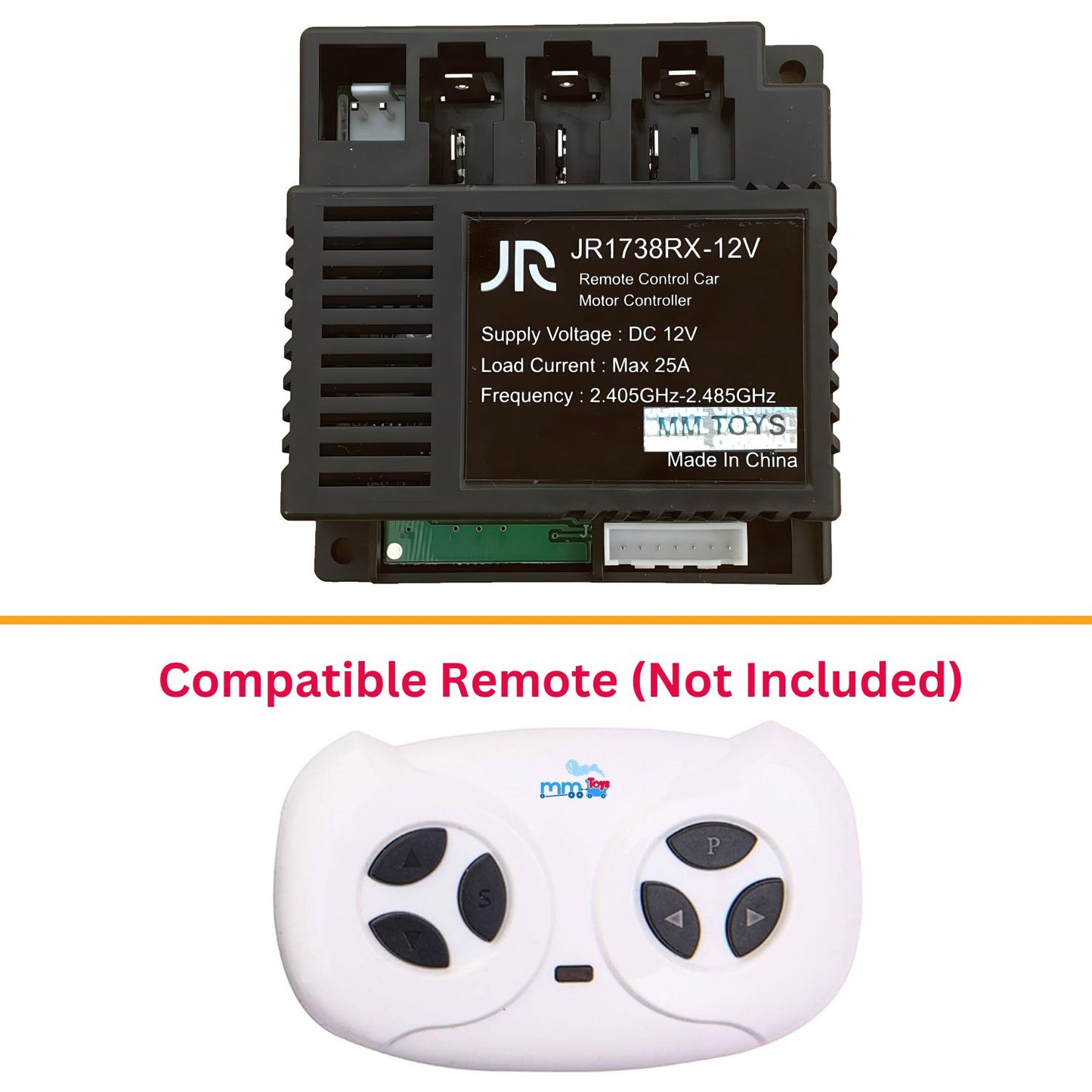 MM TOYS JR1738RX-12V Motor Controller Control Box 7 Pin White Jack, For Kids Electric Car, 2.4GHz, Max 25A Load,  Black - Electronic Repair Part and Accessory