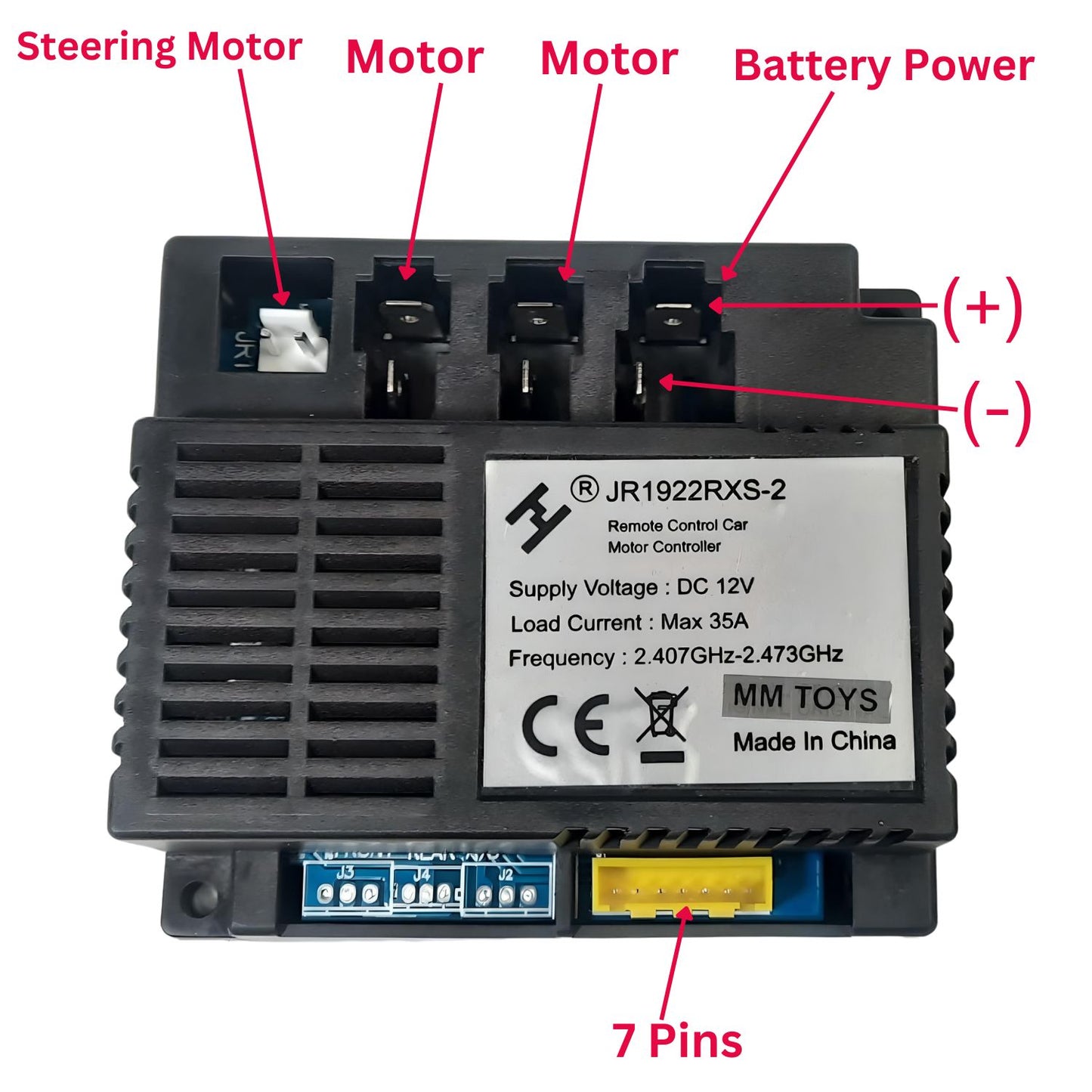 MM TOYS JR1922RXS-2, 35A Load, 2.407-2.473 GHz,12V Motor Reciever Controller Easy Install, Replacement Part for Kids Electric Car/Jeep/Bike - Black