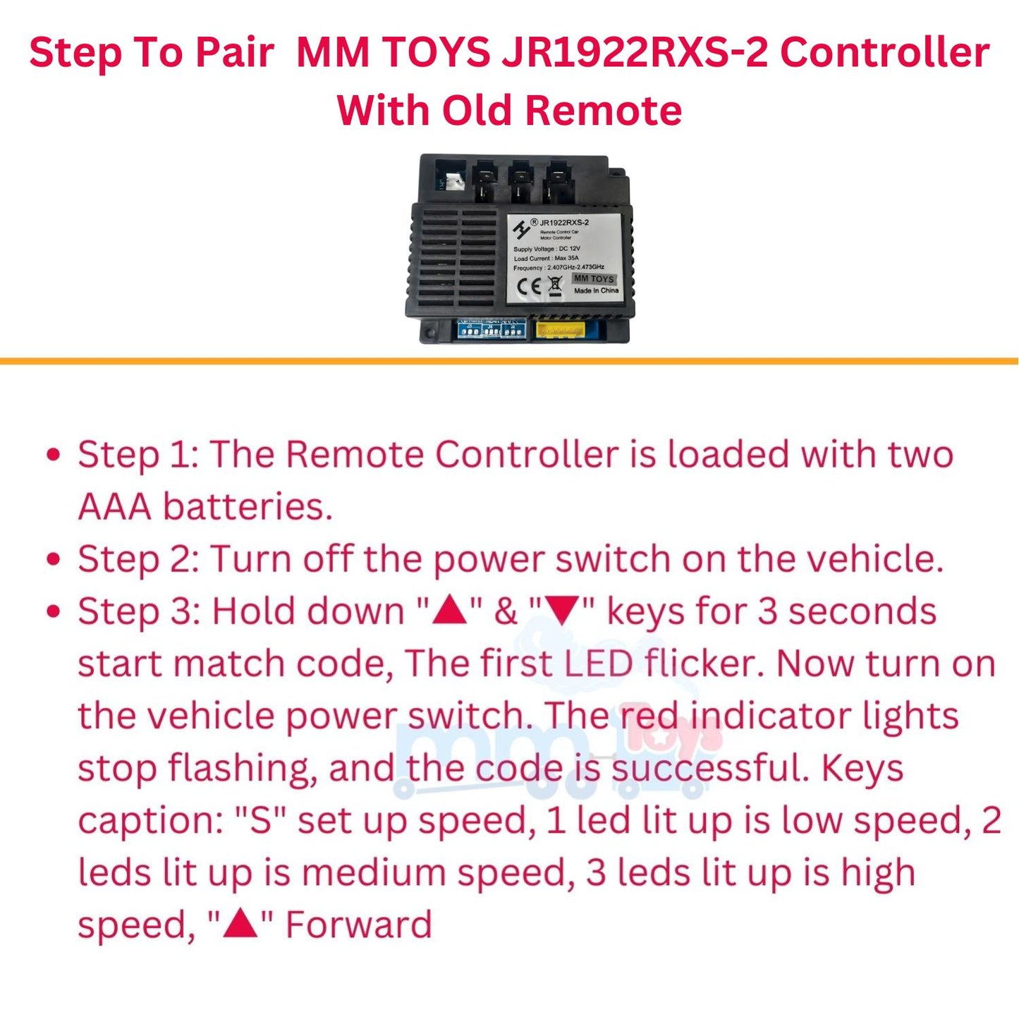 MM TOYS MotorMaster 12V Motor Reciever Controller JR 1922RXS-2, 35A Load, 2.407-2.473 GHz, Easy Install, Replacement Part for Kids Electric Car/Jeep/Bike - Black