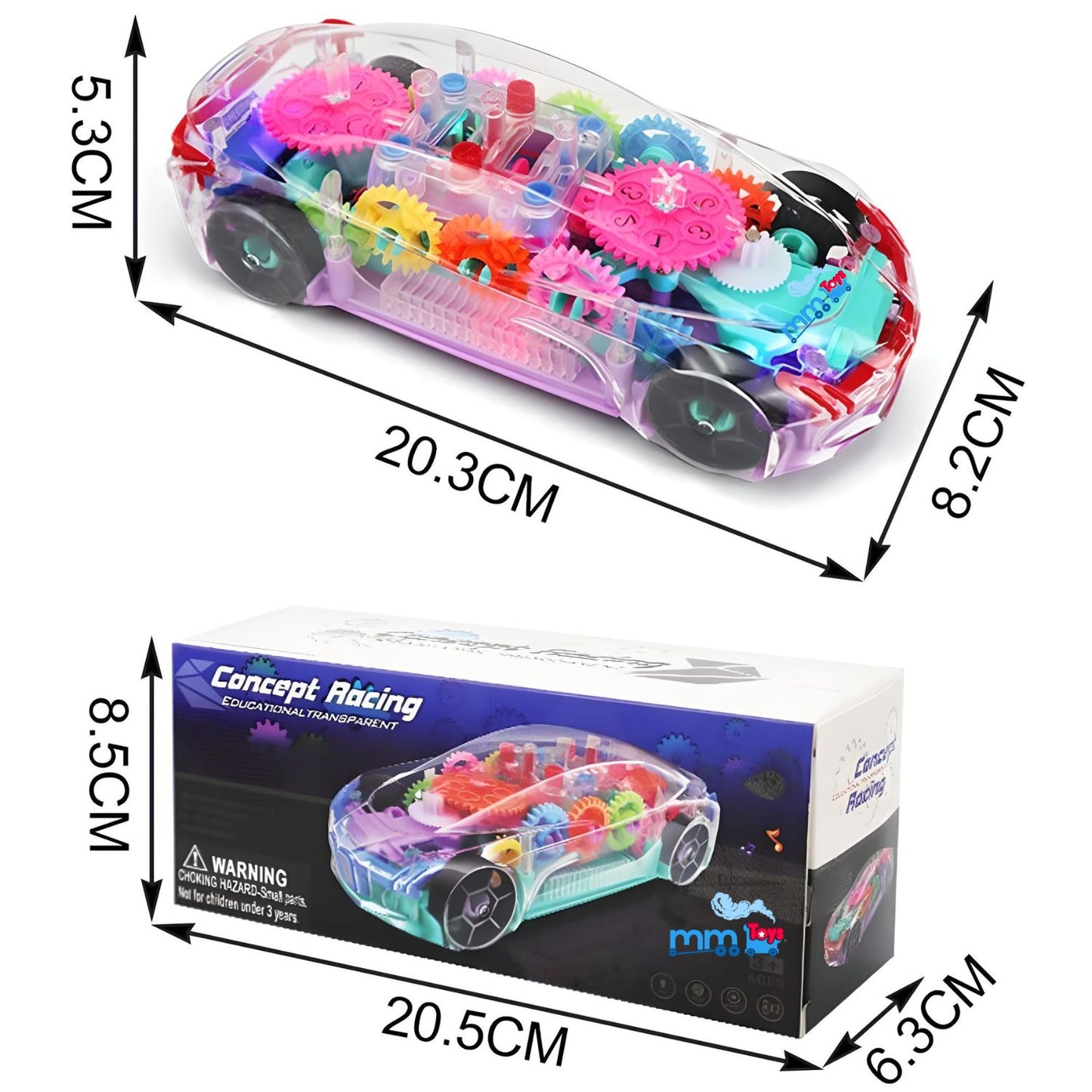 MM TOYS Transparent Multifunctional Concept Racing Car Toy with Colorful Lighting, 360 Rotation For 1 Year to 4 Year Kids Yj388-48