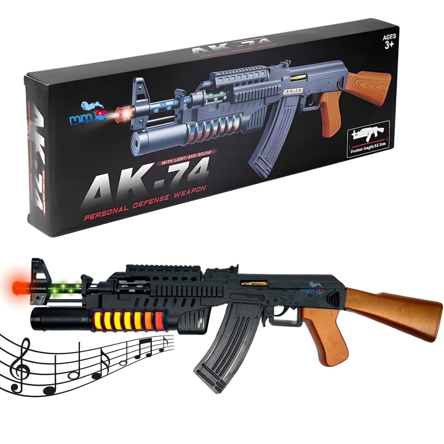 MM TOYS Musical Toy Gun Army Style Machine Gun With Multicolor Lights, Vibration And Sound Effect For 2 To 6 Year Kids AK-74 - Black