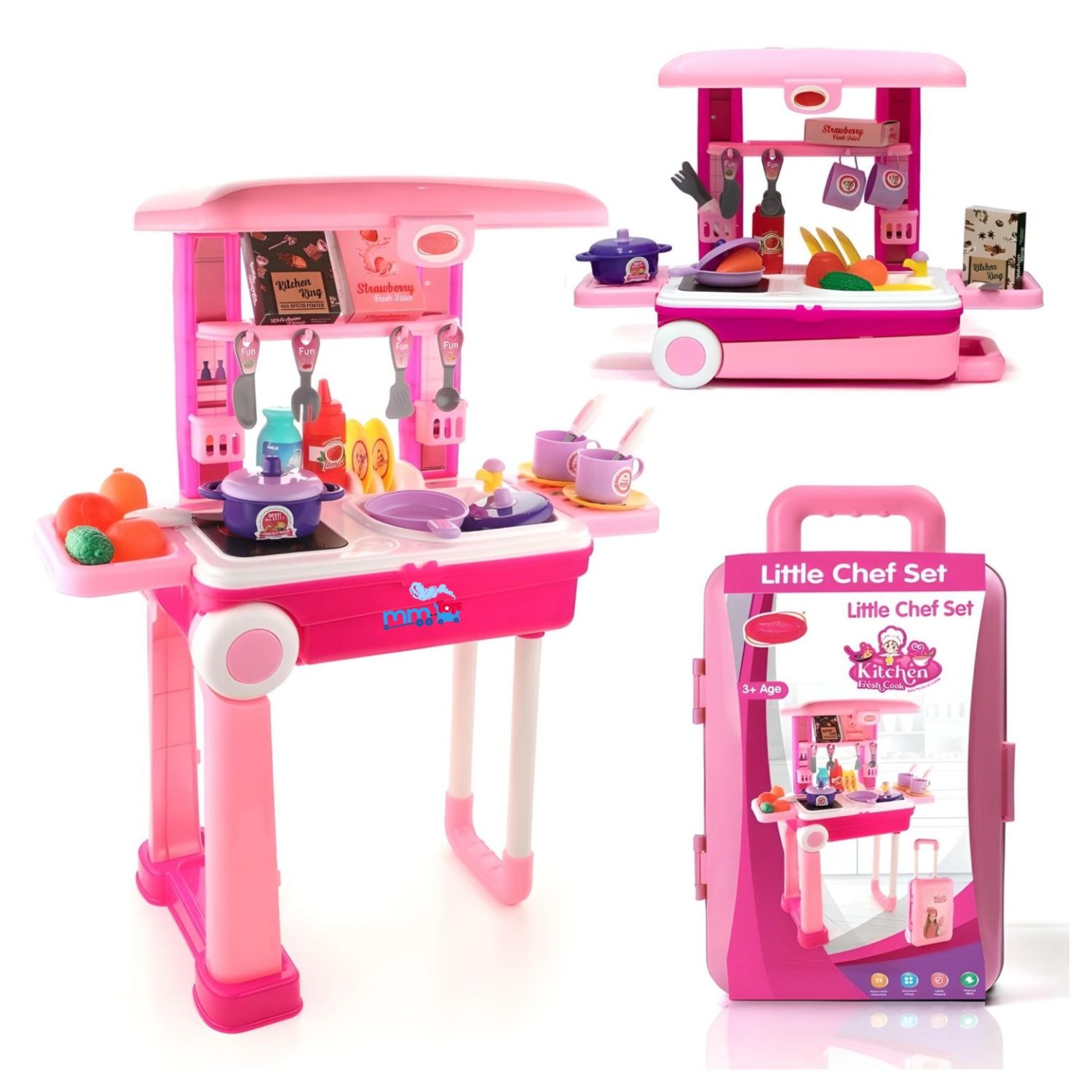 MM TOYS LITTLE CHEF IN KITCHEN PLAY SET, PLAY LUGGAGE KITCHEN KIT FOR KIDS WITH SUITCASE TROLLEY WITH SOUND LIGHTS