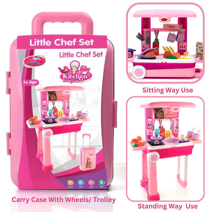 MM TOYS LITTLE CHEF 2 IN 1 KITCHEN PLAY SET, PLAY LUGGAGE KITCHEN KIT FOR KIDS WITH SUITCASE TROLLEY WITH SOUND - LIGHTS