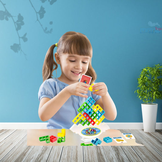 MM TOYS Tetra Tower Stacking Game – 32 PCS Tumbling Balancing Toys With Give away Cards For Kids And Adult - Multicolor