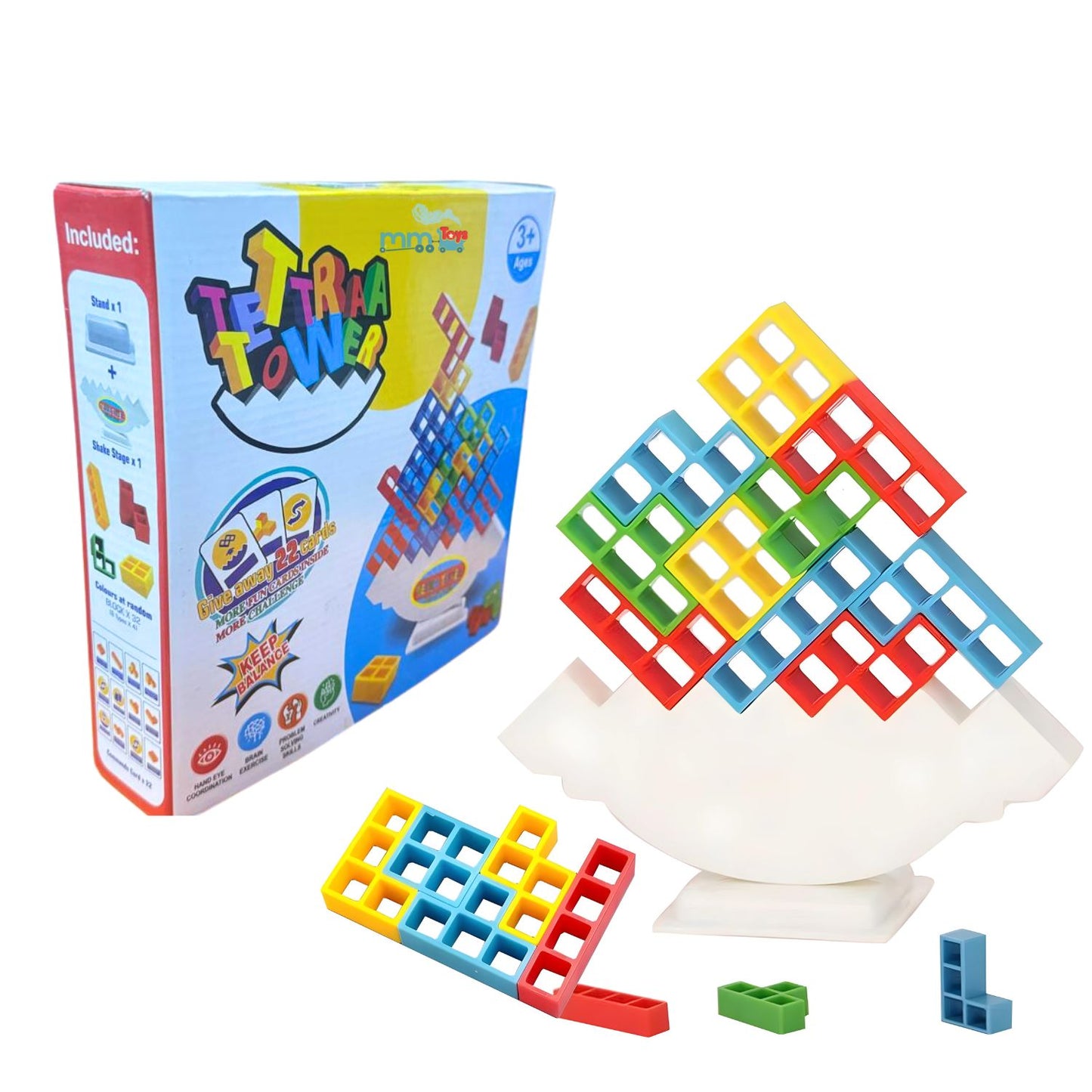 MM TOYS Tetra Tower Stacking Game – 32 PCS Tumbling Balancing Toys With Give away Cards For Kids And Adult - Multicolor