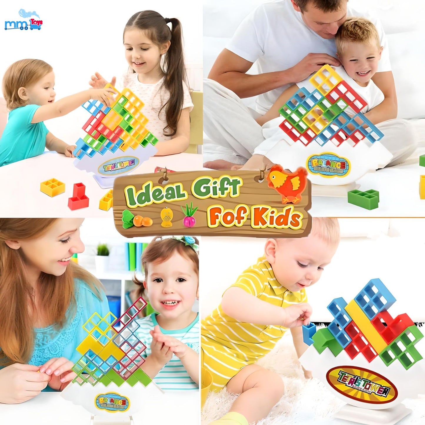 MM TOYS Tetra Tower Stacking Game – 32 PCS Tumbling Balancing Toys With Give away Cards For Kids And Adult - Multicolor